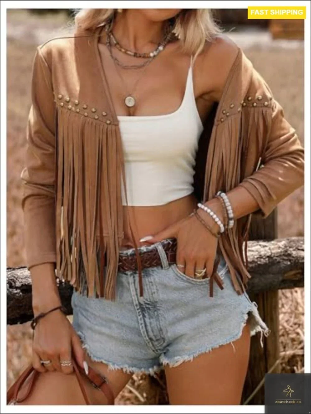 Faux Suede Fringe Trim Long Sleeve Open Front Cardigan Jacket Western Concert
